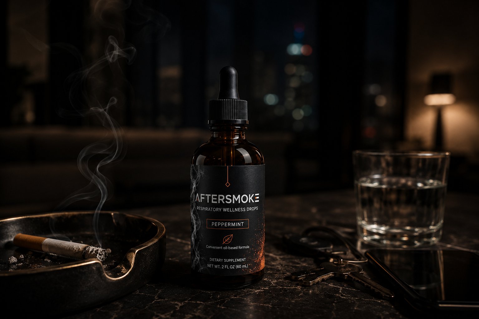 AfterSmoke Respiratory Wellness Drops with whiskey and mint