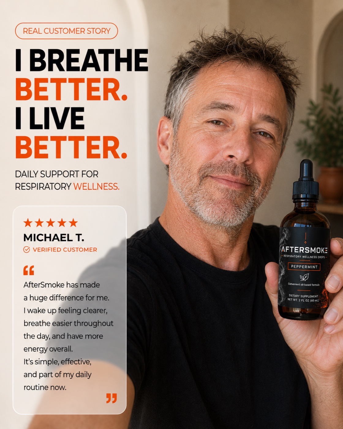 Michael T., a verified AfterSmoke customer, holding the bottle at home