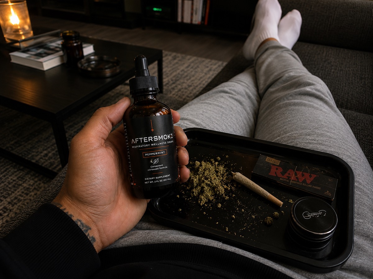AfterSmoke bottle on the couch during a wind-down session