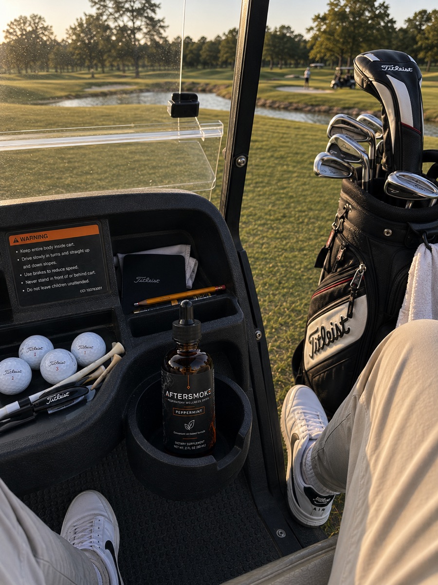 AfterSmoke bottle in a golf cart cup holder