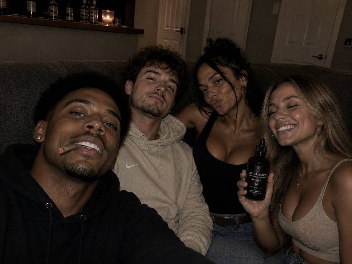 Four friends on a couch, one holding the AfterSmoke bottle